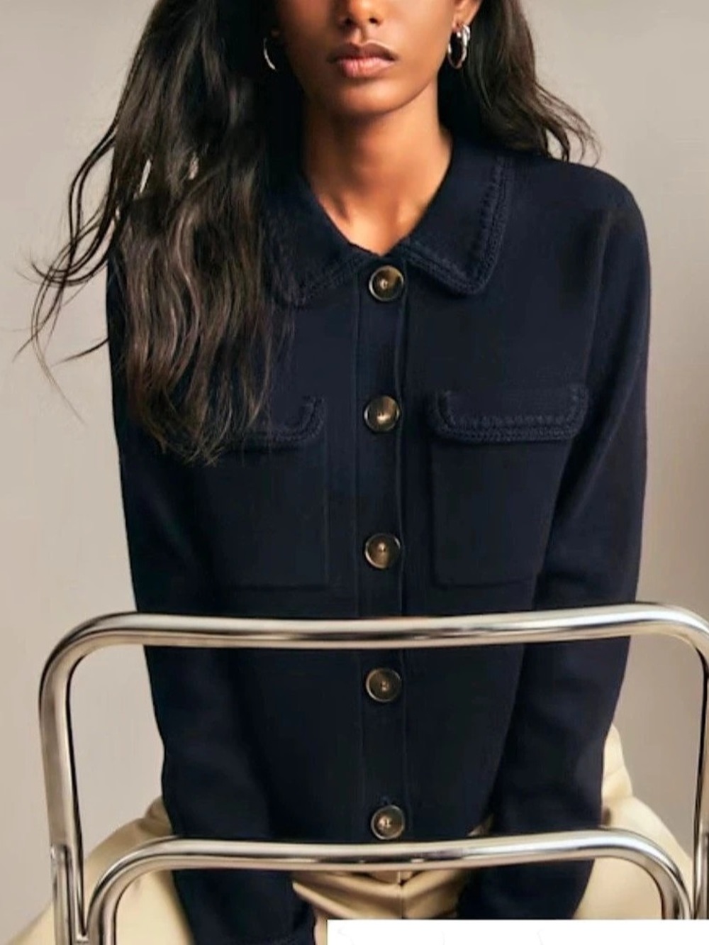Sézane Betty Cardigan Wool Cropped Jacket in navy crochet size Medium